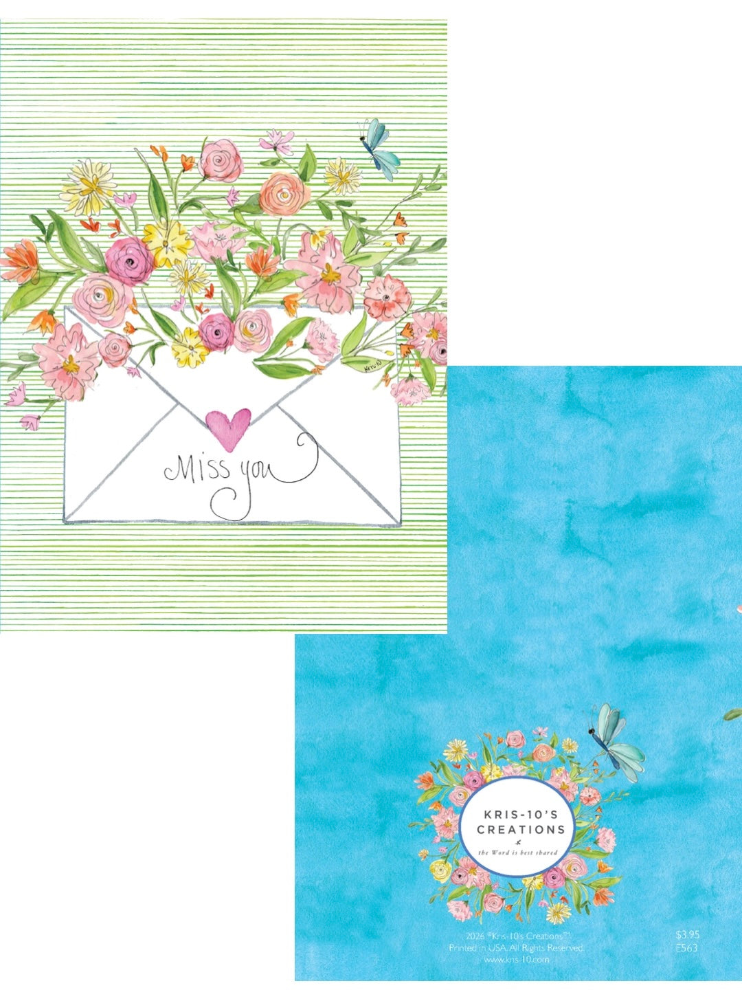 Hand-illustrated Miss You card featuring a floral-filled envelope and a blue watercolor back cover.