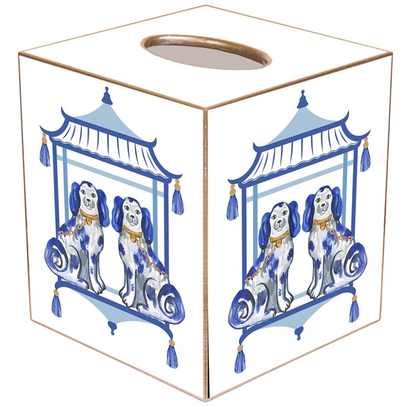 Handcrafted paper mache tissue box cover with gold-painted edges.