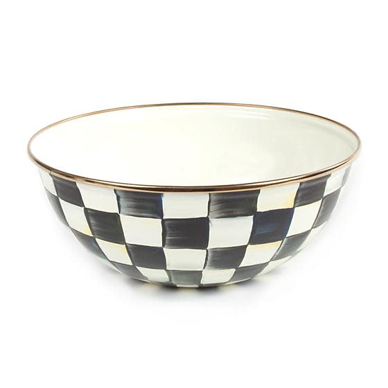 Medium Courtly Check Enamel Everyday Bowl with hand-painted black and white checks and bronze rim.