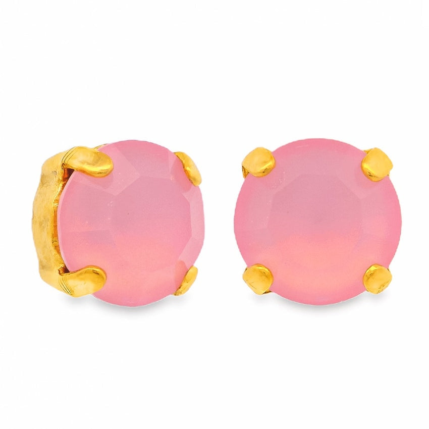 Oakland Studs in Rose Peach Matt featuring round pink stones in a gold-tone four-prong setting.
