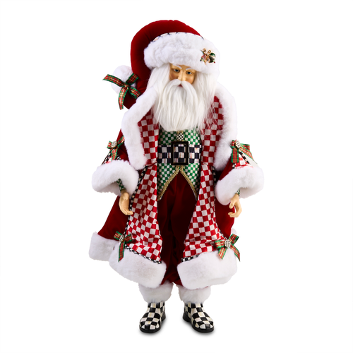 Check It Out Fabric Santa Claus figurine in a red velvet coat with checkered lining and boots.