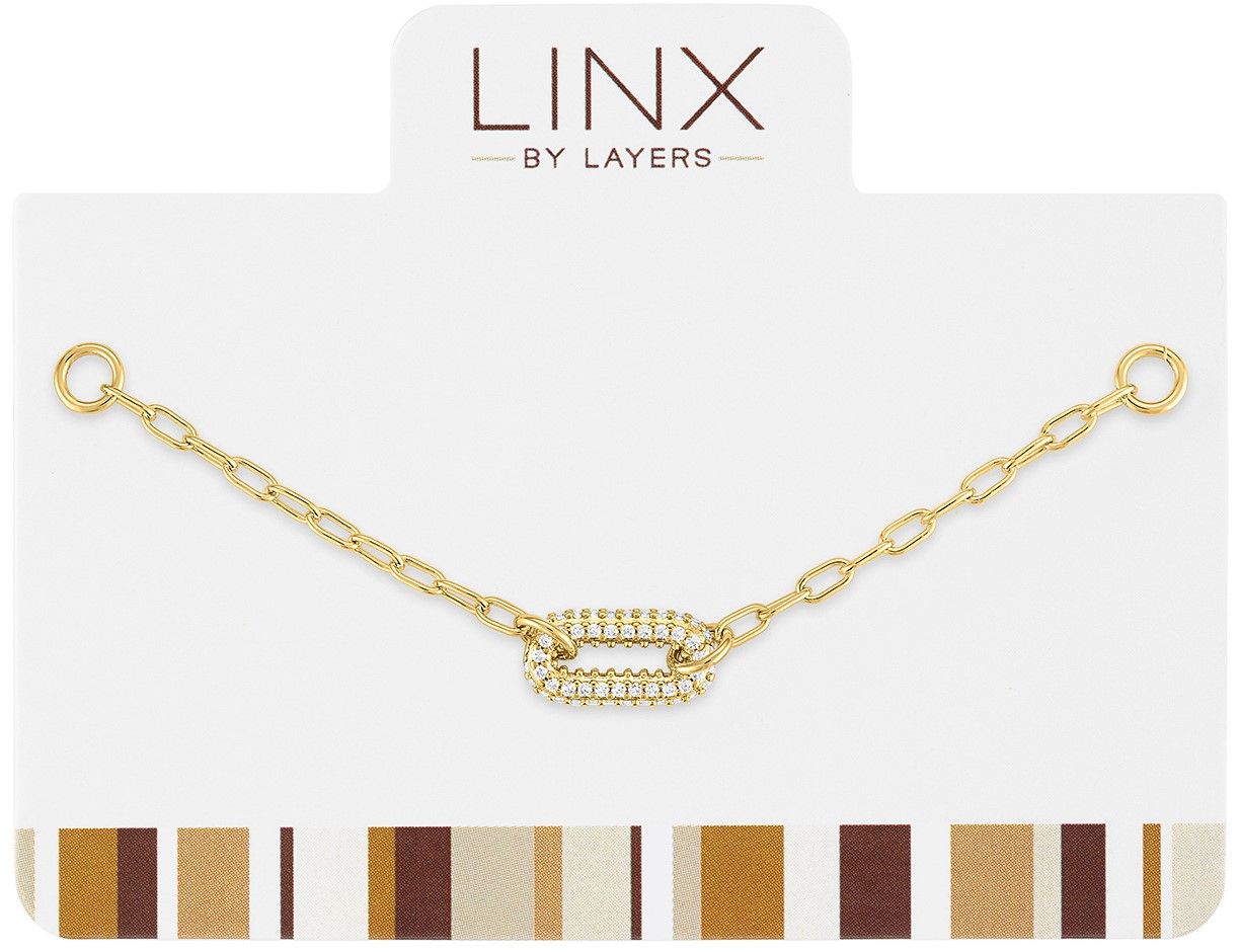 Gold paperclip chain add-on featuring a central oval link encrusted with clear cubic zirconia.