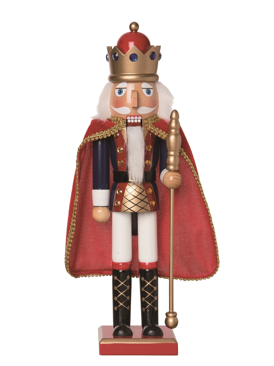 15-inch wood nutcracker king wearing a red cape and gold crown, holding a scepter.