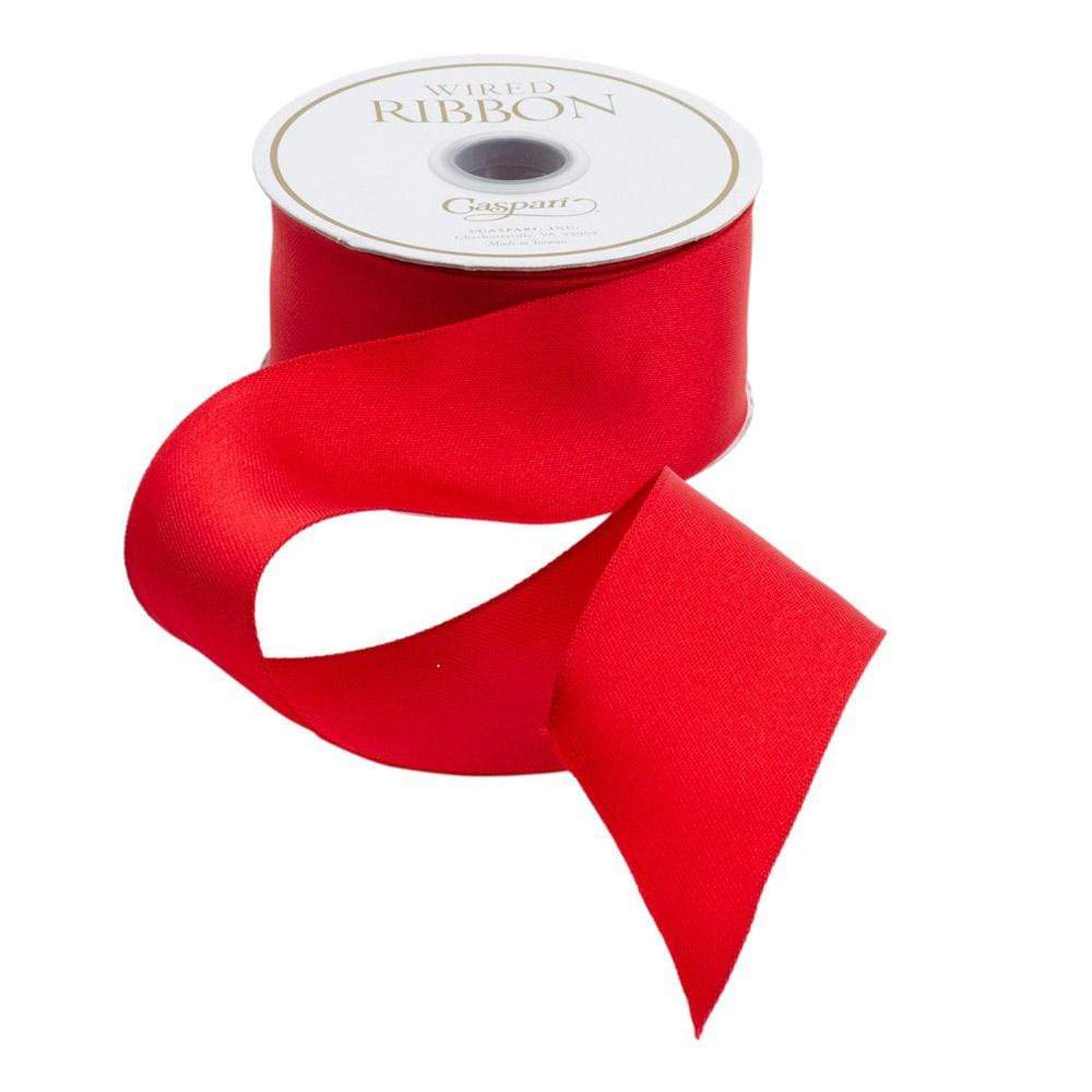 9-yard spool of solid red satin wired ribbon with a smooth finish.
