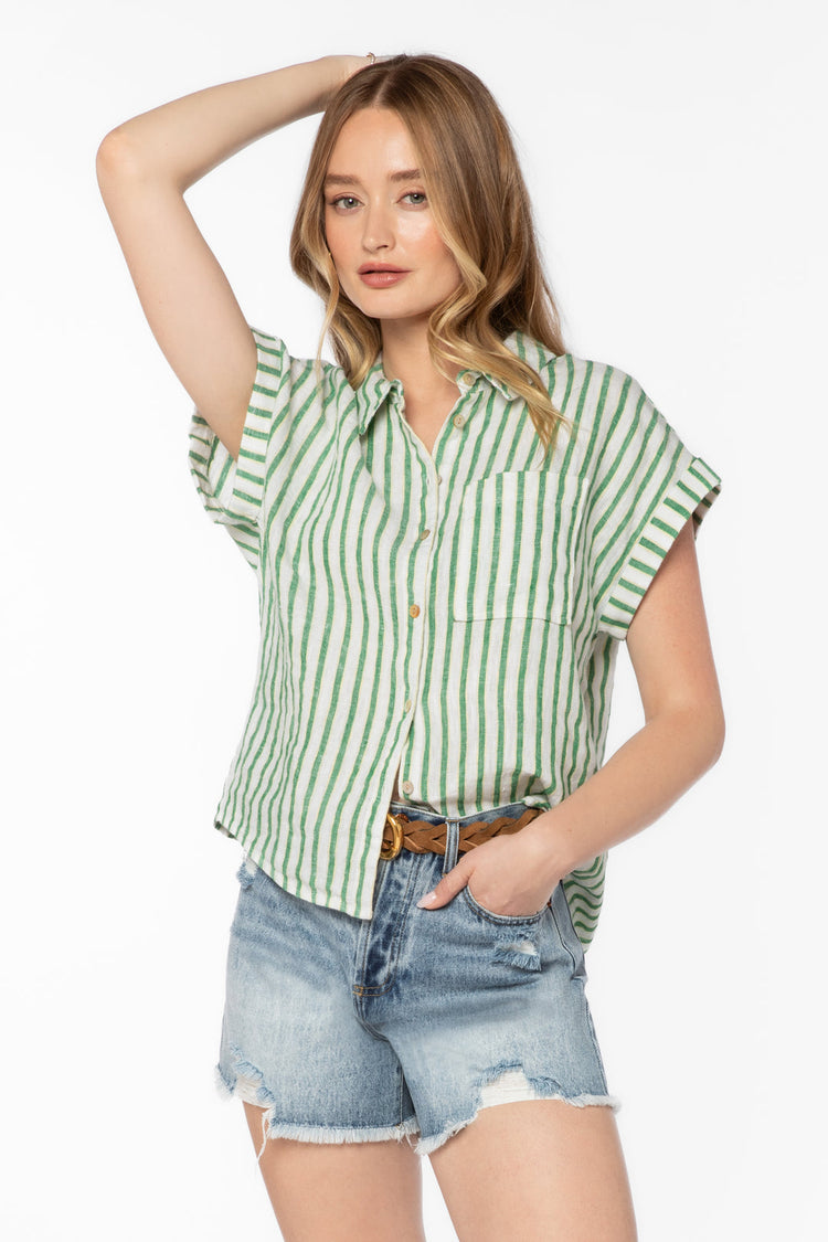 Kirsty striped linen-viscose top with collar, chest pocket, cuffed short sleeves in light neutral tone.