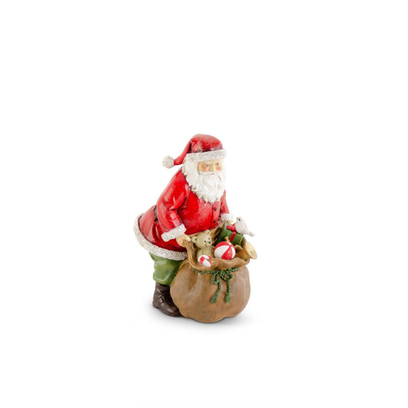 Glittered resin traditional Santa figurine holding a brown sack filled with toys and gifts.
