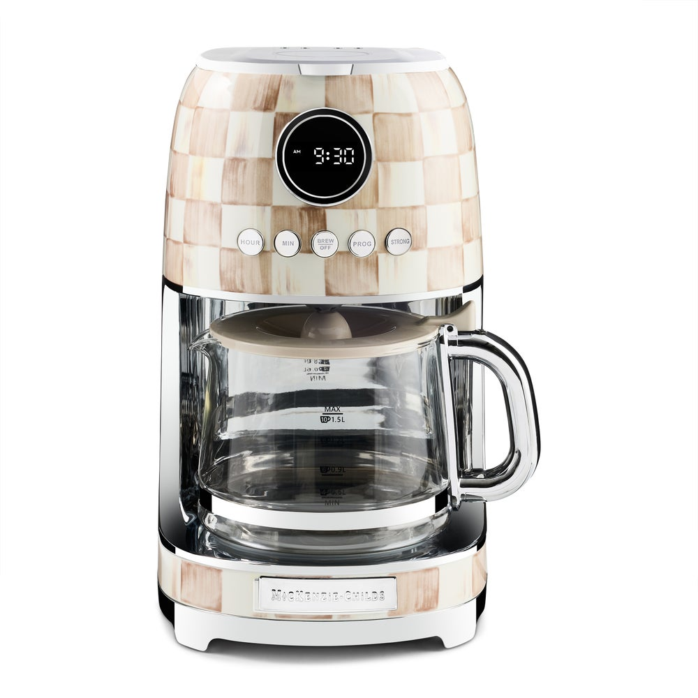 Mocha Check Drip Coffee Maker with a checkered pattern, digital clock, and glass carafe.
