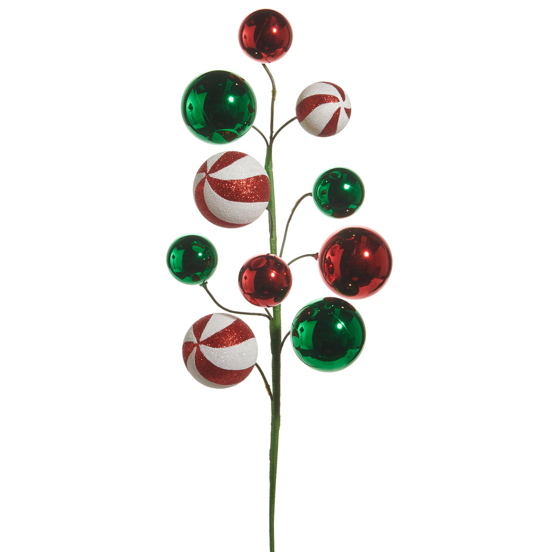 26-inch Christmas spray with red, green, and peppermint-striped glitter ball ornaments.