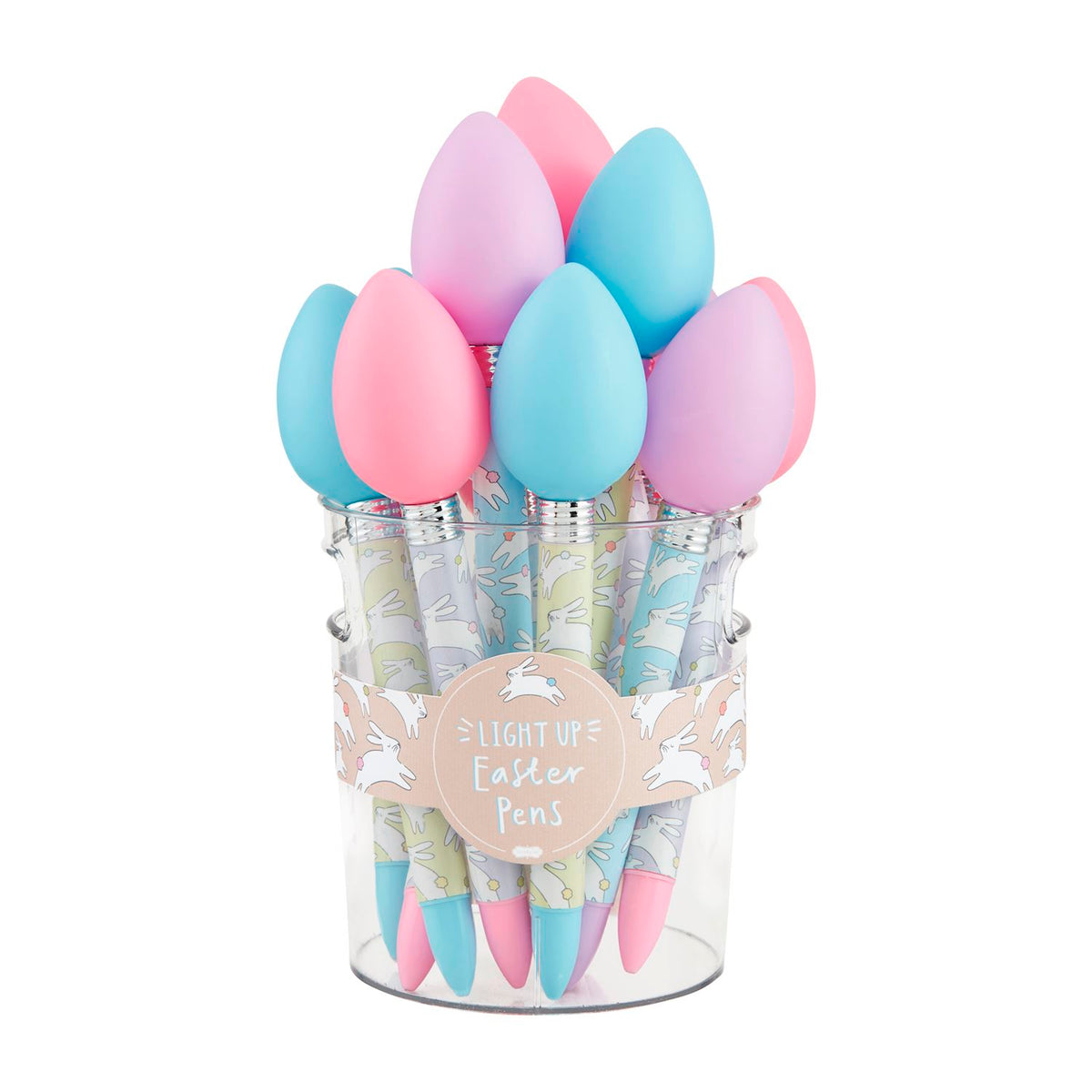 Three light-up Easter pens with a festive bunny silhouette in pastel colors.