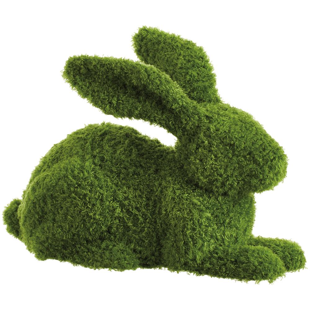 Green moss-covered bunny figurine made from artificial fur with a naturalistic silhouette.