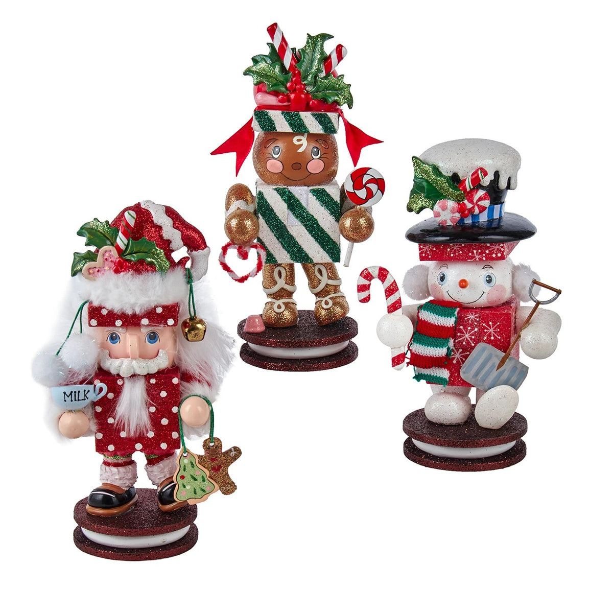 Three 8-inch Hollywood Nutcrackers featuring Santa, a gingerbread man, and a snowman.