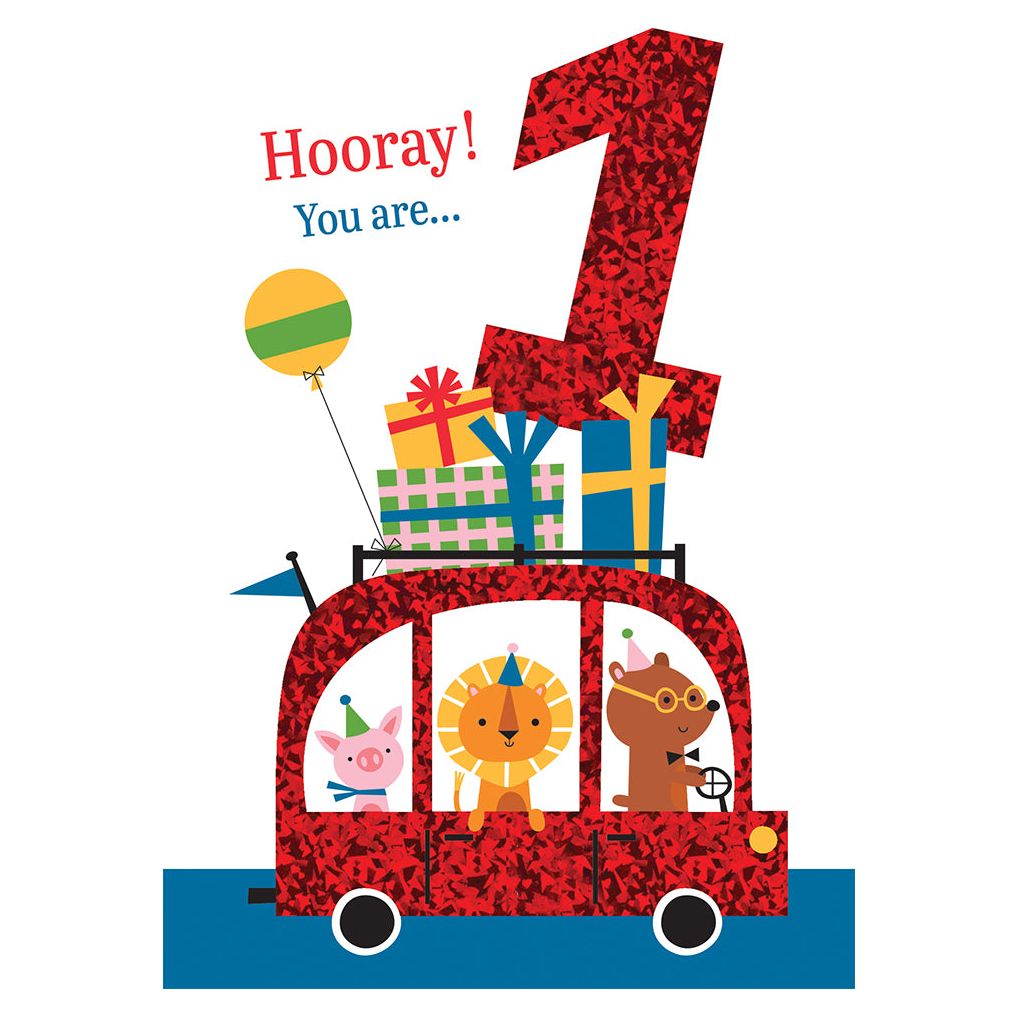 Red foil birthday card with glitter accents featuring a car animal silhouette