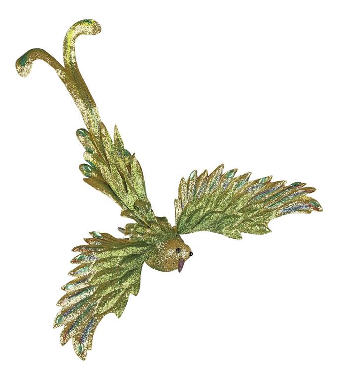 13-inch green and gold glitter bird ornament with spread wings and long tail feathers.