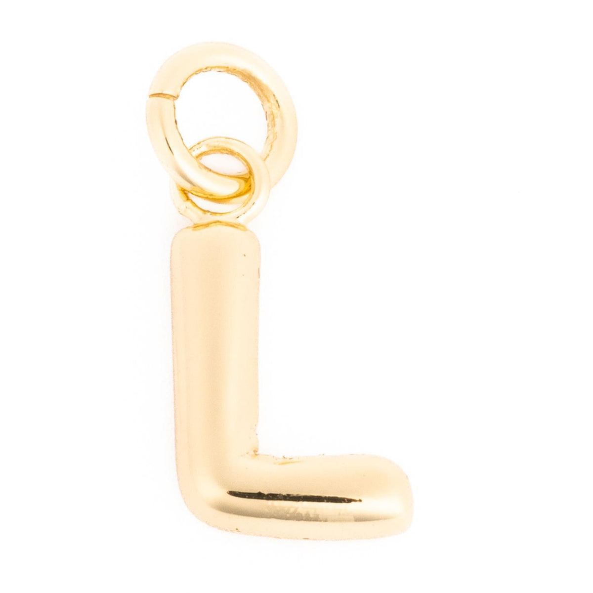 Gold bubble letter L charm with a polished finish and circular bail.