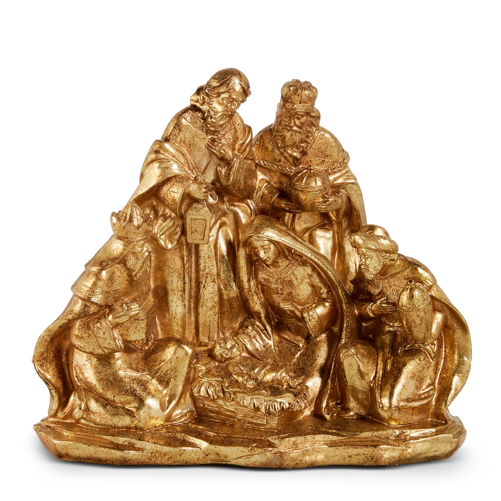 8.5-inch gold gilded nativity scene figurine featuring Mary, Joseph, baby Jesus, and the three kings