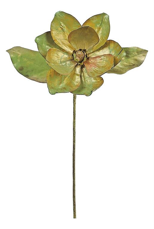23-inch metallic magnolia stem with two leaves and a luminous green and gold finish.