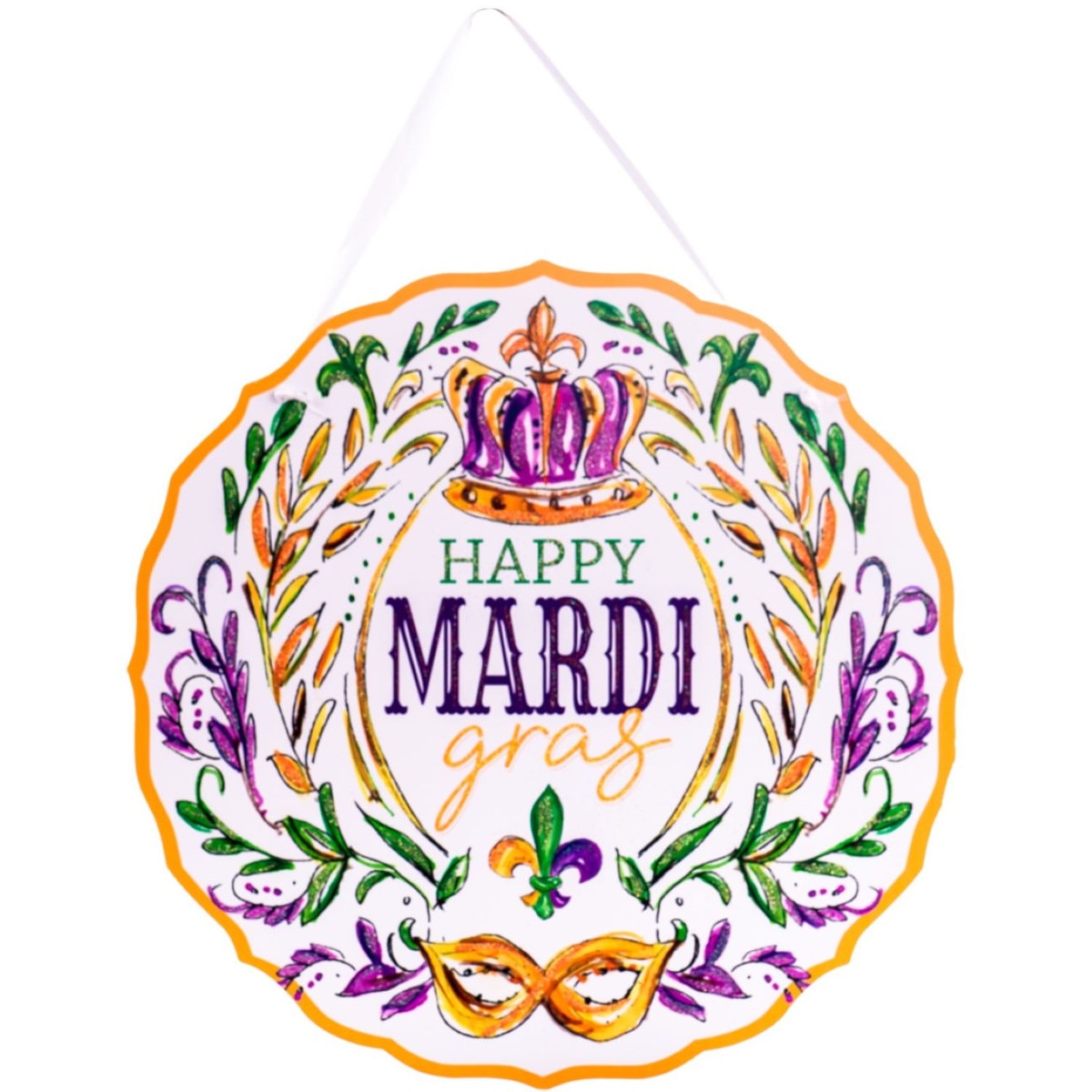 Beck's Mardi Gras door hanger featuring a festive purple, green, and gold pattern with hanging hardware.