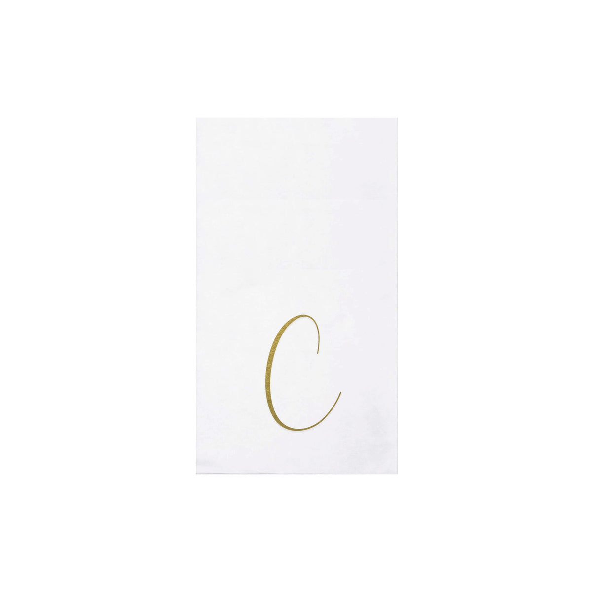 Folded gold monogram guest towels made from absorbent spunlace material.