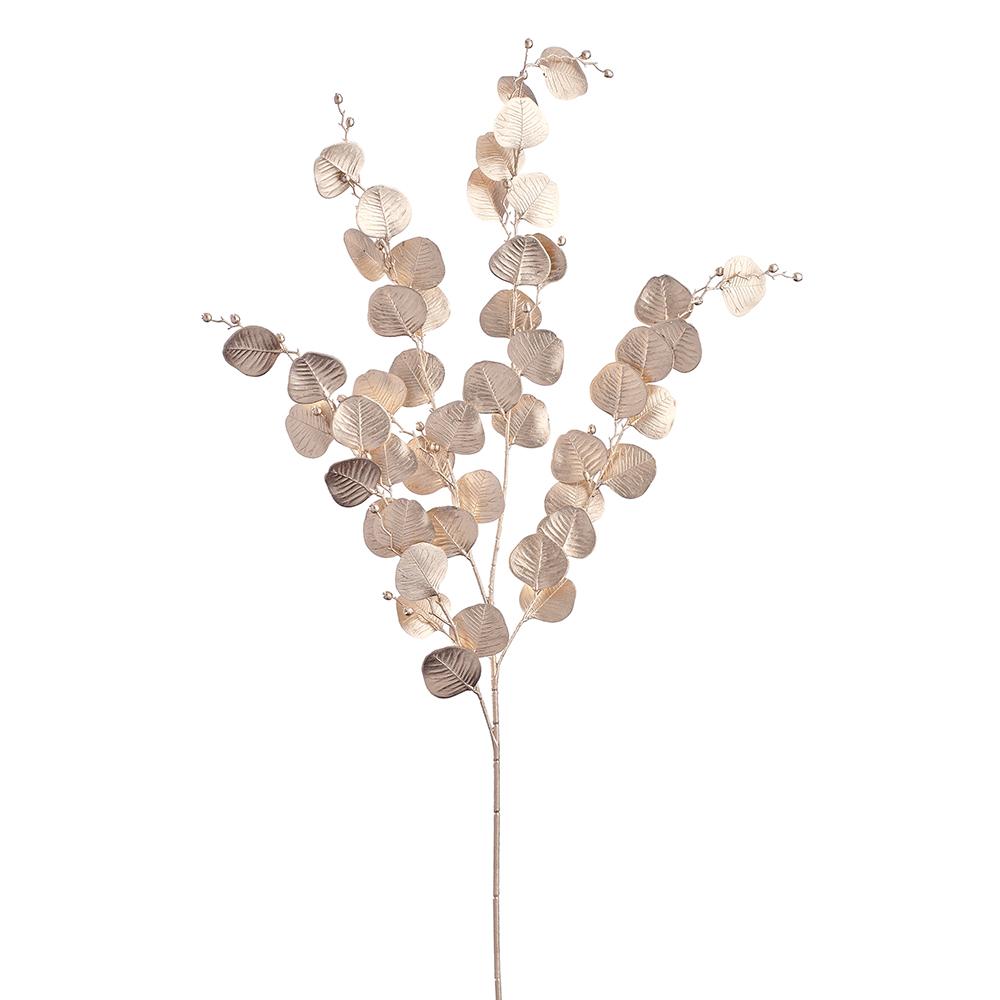 39-inch metallic champagne eucalyptus spray with multiple branches and round leaves.