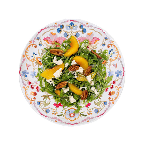 Sofia Melamine Dessert/Salad Plate with a colorful floral pattern, topped with a fresh peach salad.