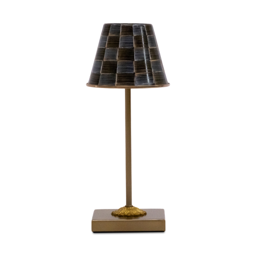 Sophisticheck LED rechargeable cafe table lamp with a checkered shade and bronze-finish base.
