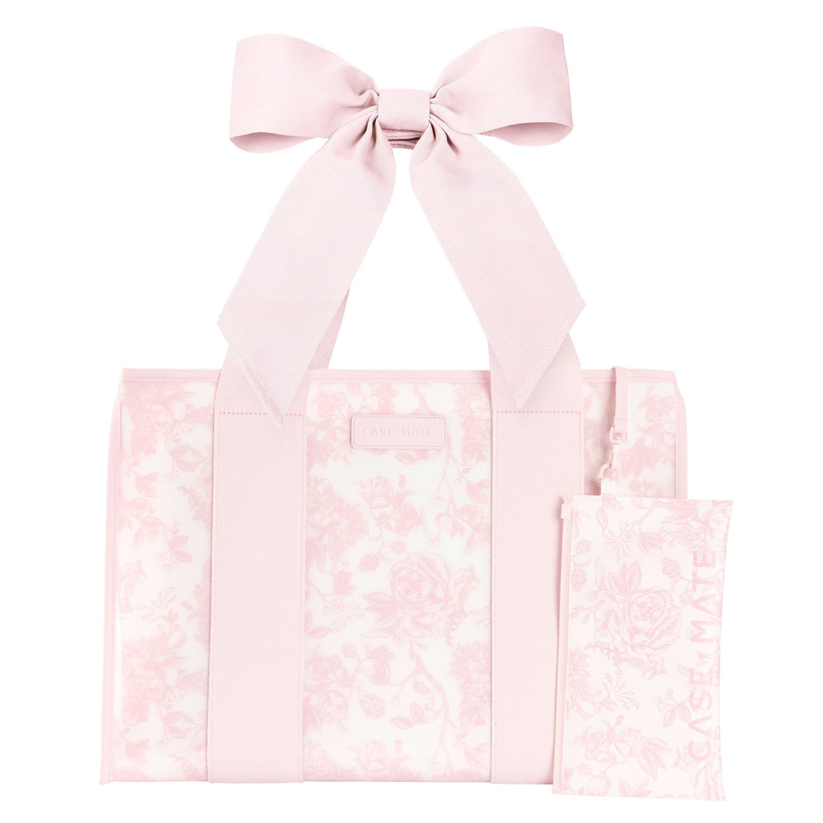 Pink floral jelly tote bag with a large bow on the straps and a matching phone pouch.