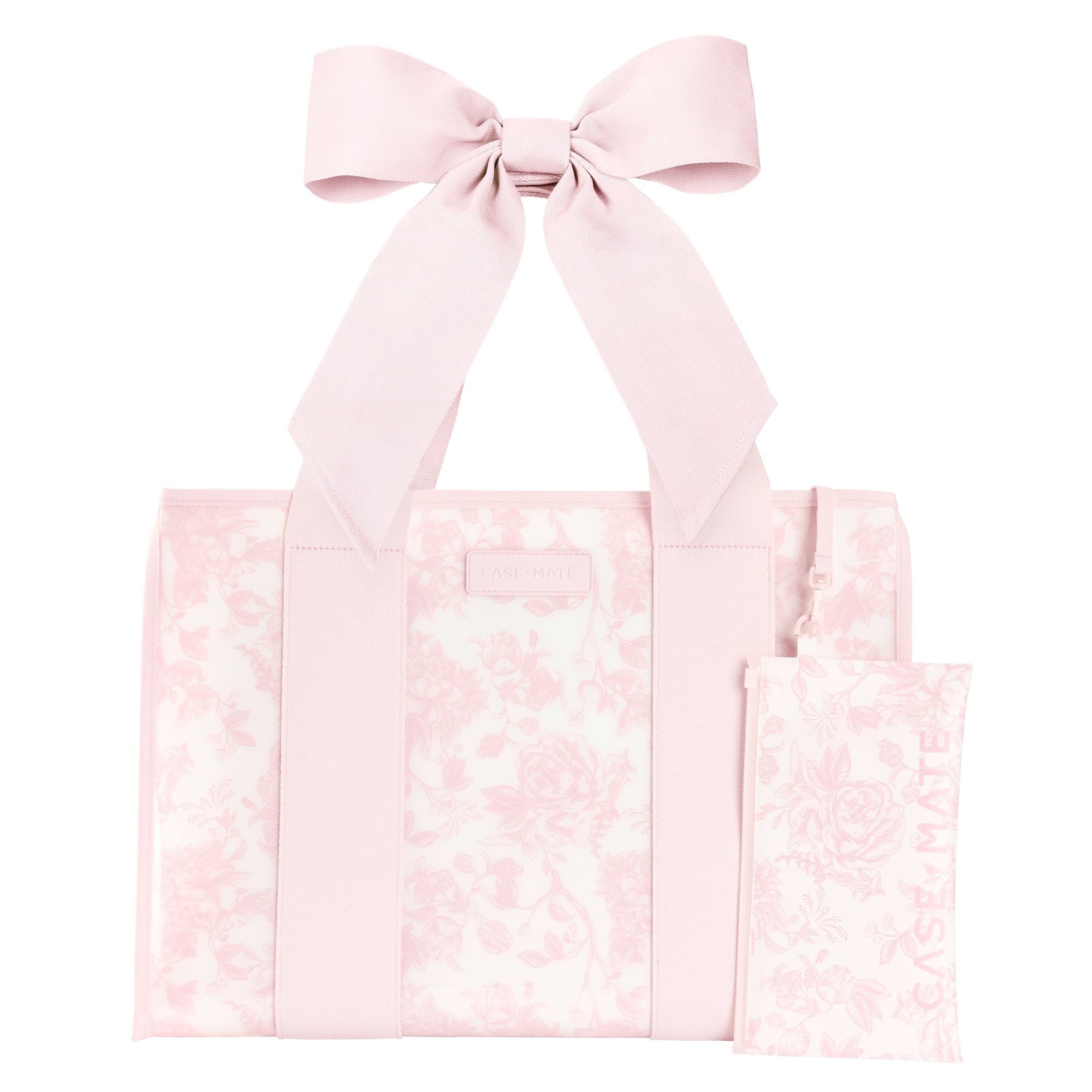 Pink floral jelly tote bag with a large bow on the straps and a matching phone pouch.