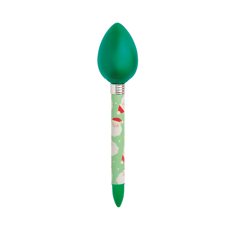 Green Christmas bulb light-up pen with a Santa Claus pattern on the barrel.