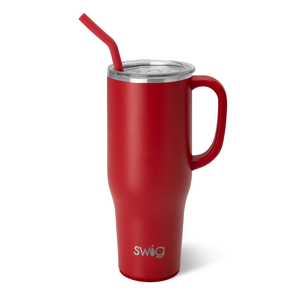 40oz Mega Mug in silver stainless steel with a comfort-grip handle, triple insulation walls, and BPA-free lid.