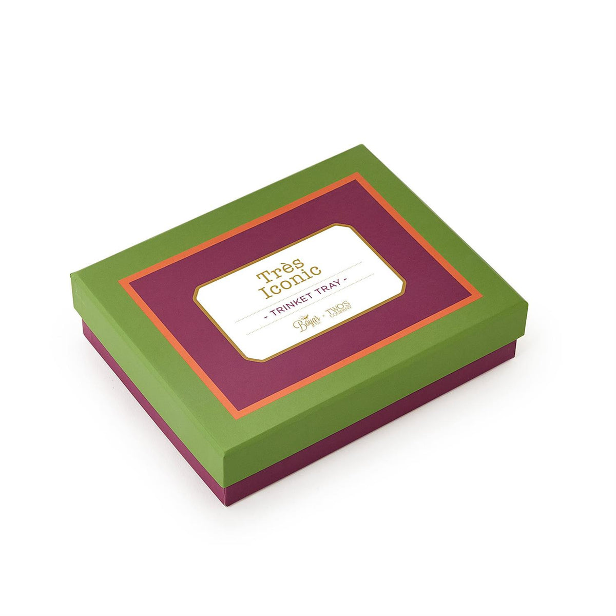 Green and purple gift box for the Très Iconic Macaron Trinket Tray by Boyar NYC.