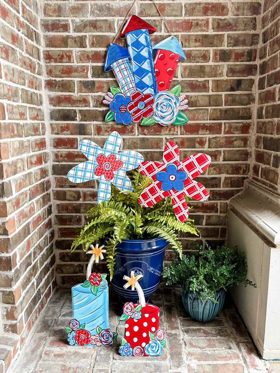 Whimsy Plaid Flower stake with a blue plaid fabric flower on a metal stem.