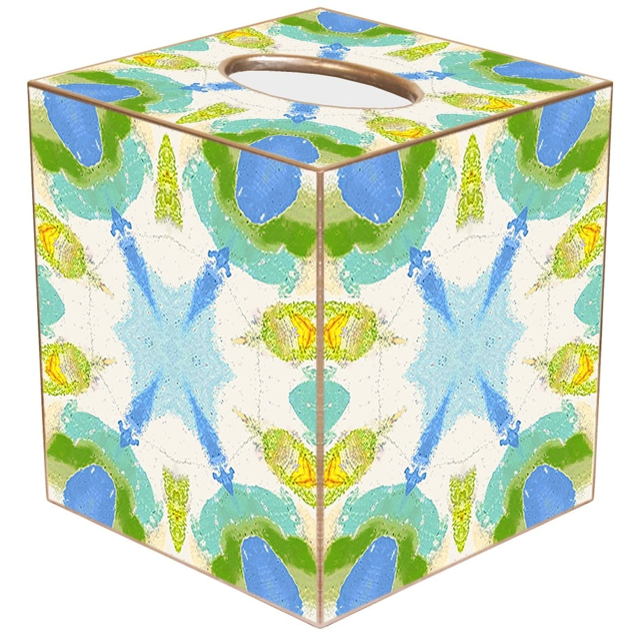 Handcrafted paper mache tissue box cover with gold-painted edges in a rounded square silhouette.