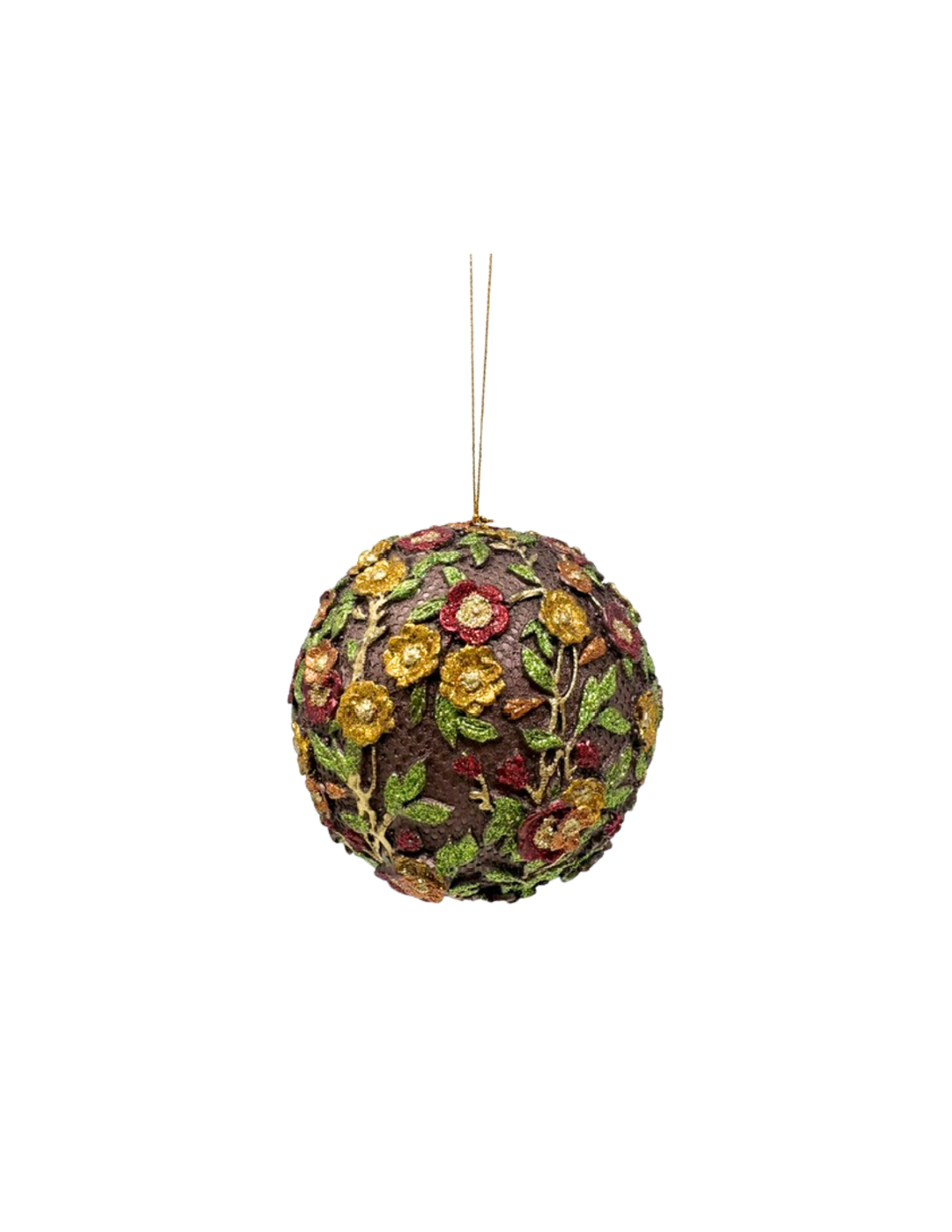 4-inch brown resin ball ornament with textured floral blossoms in gold, red, and green glitter.