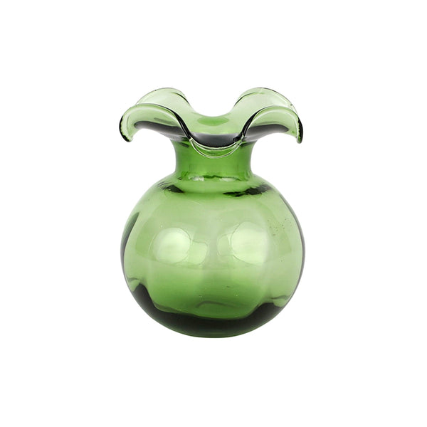 Clear glass bud vase shaped like a hibiscus flower with five petals.