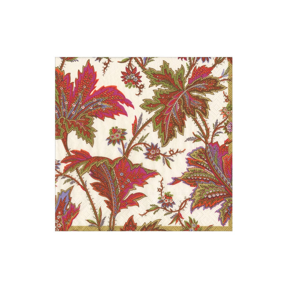 Paisley Leaves Ivory Cocktail Napkin with vibrant red and green floral paisley leaf patterns.
