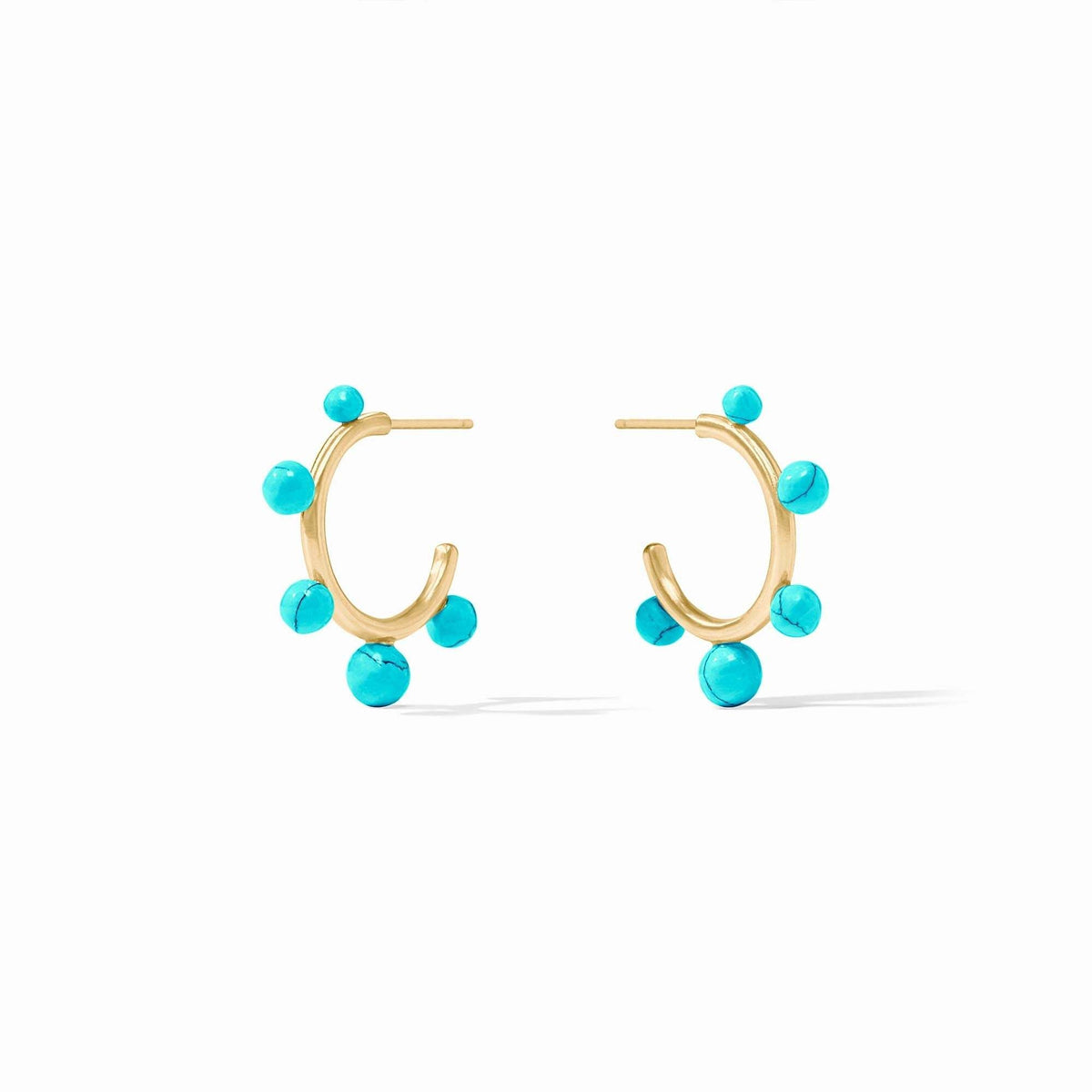 Turquoise stone-studded gold hoop earring with slender silhouette