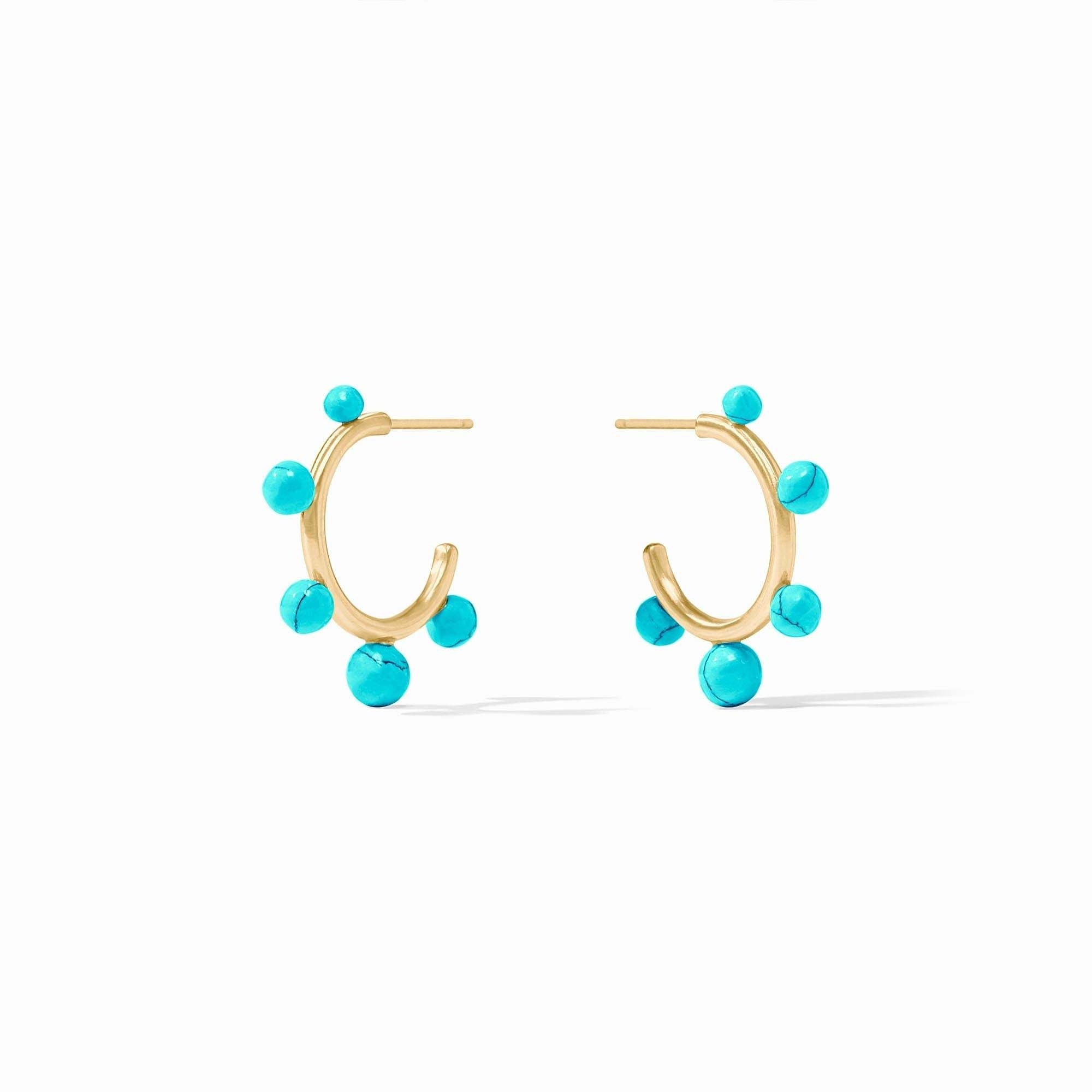 Turquoise stone-studded gold hoop earring with slender silhouette