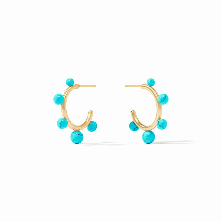 Turquoise stone-studded gold hoop earring with slender silhouette