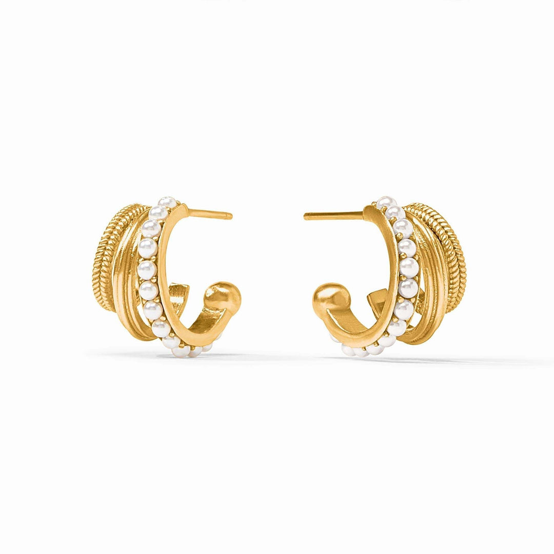 Gold triple hoop earring with shell pearl center, stone studs inside, fluted middle ridges, and braided outer edge.