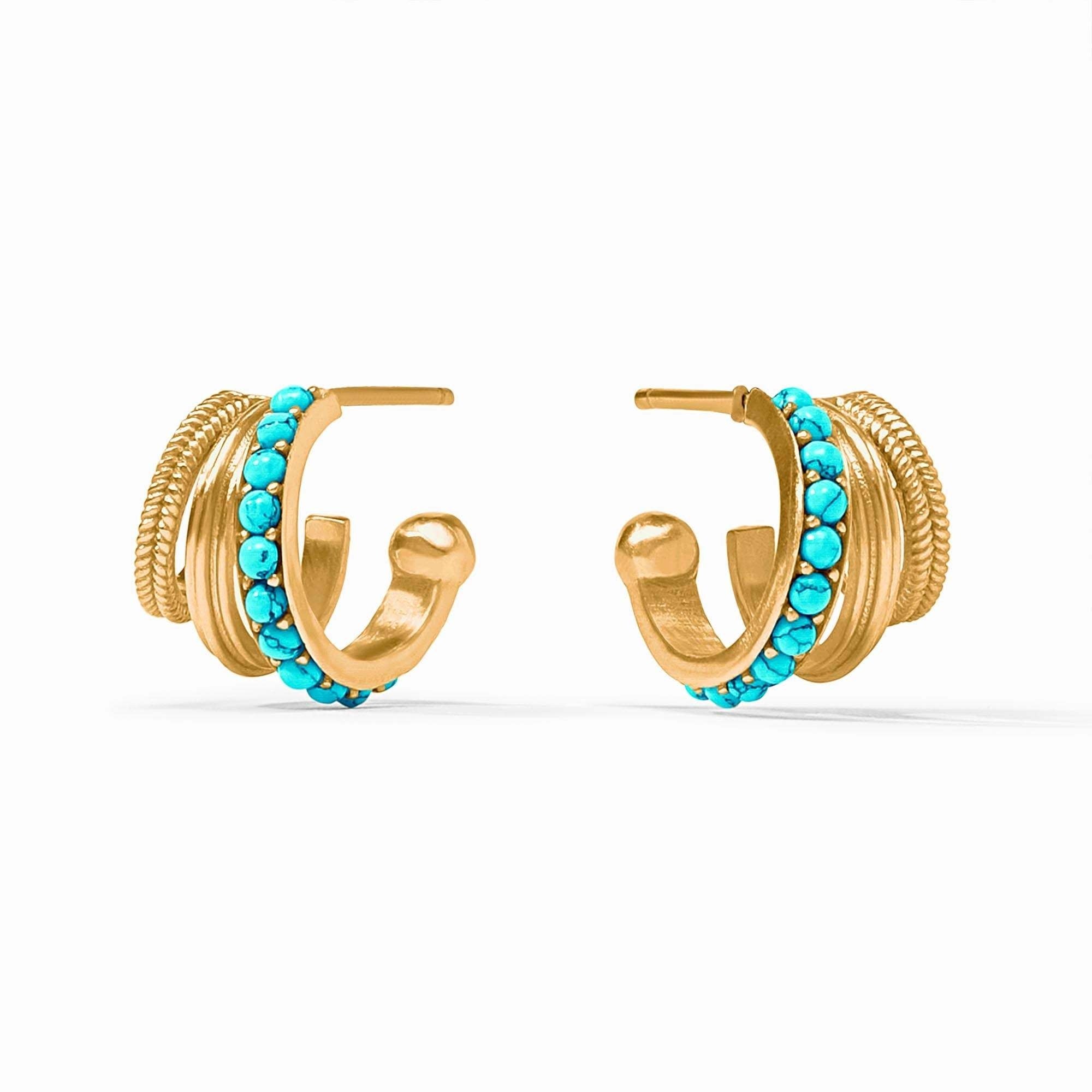 Turquoise blue Hydra Triple Hoop earring with stone-studded gold interior, fluted middle ridges, and braided exterior.
