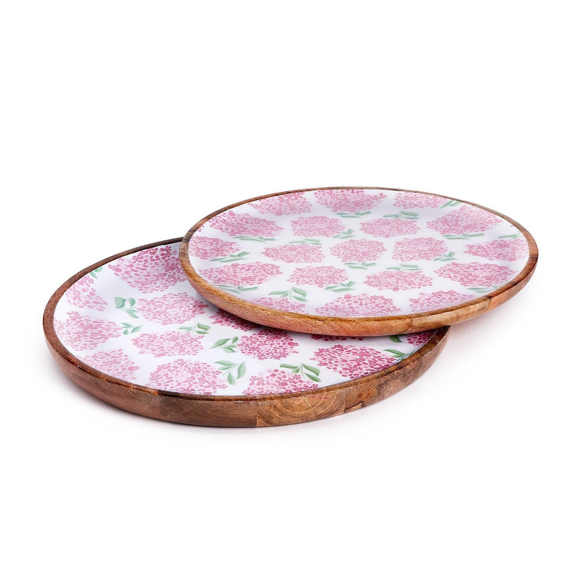 Pink hand-crafted wood round tray with hydrangea floral pattern