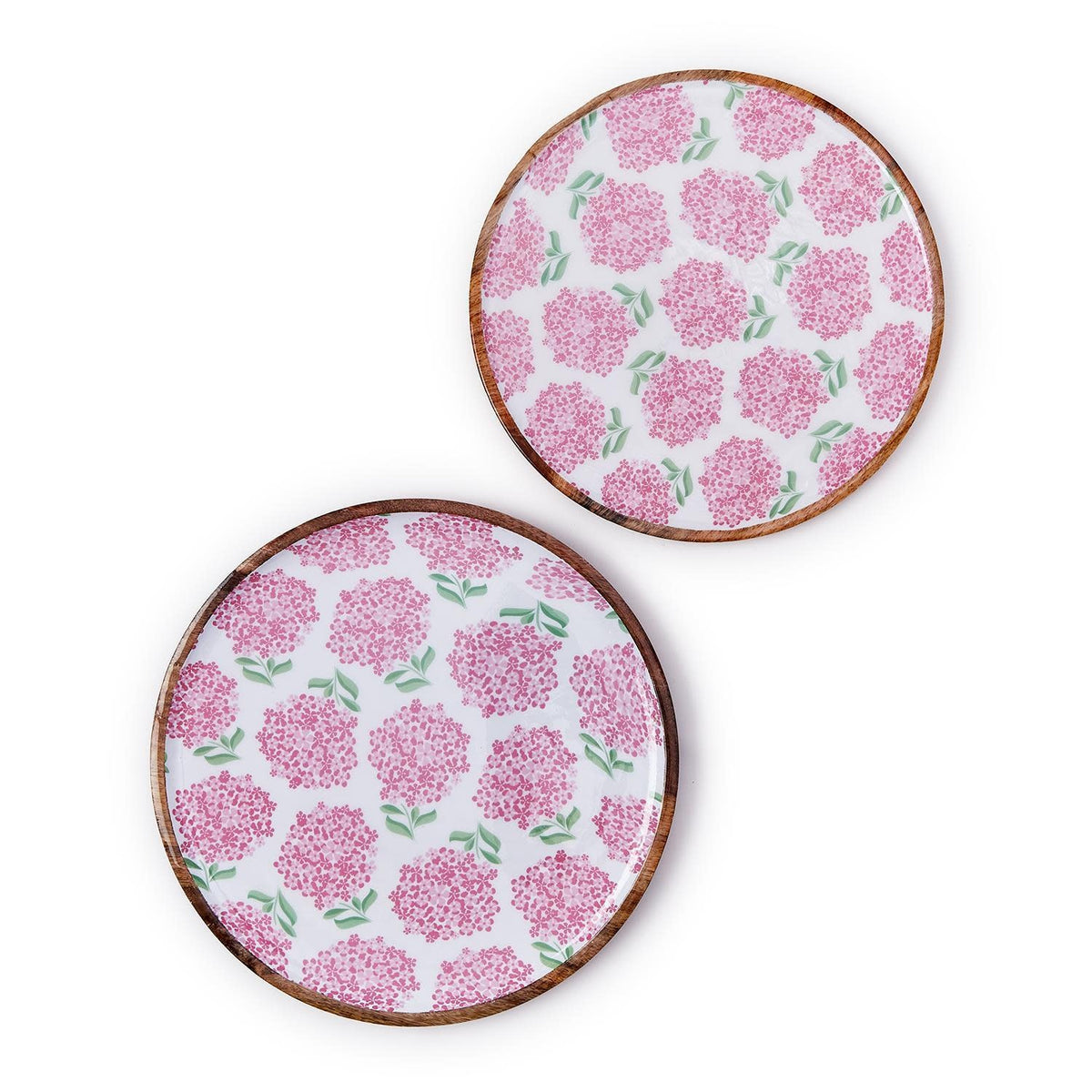 Pink hand-crafted wood round tray with hydrangea floral pattern