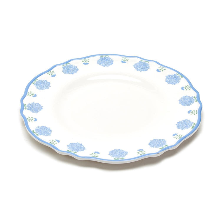 White melamine dinner plates with a blue hydrangea floral pattern