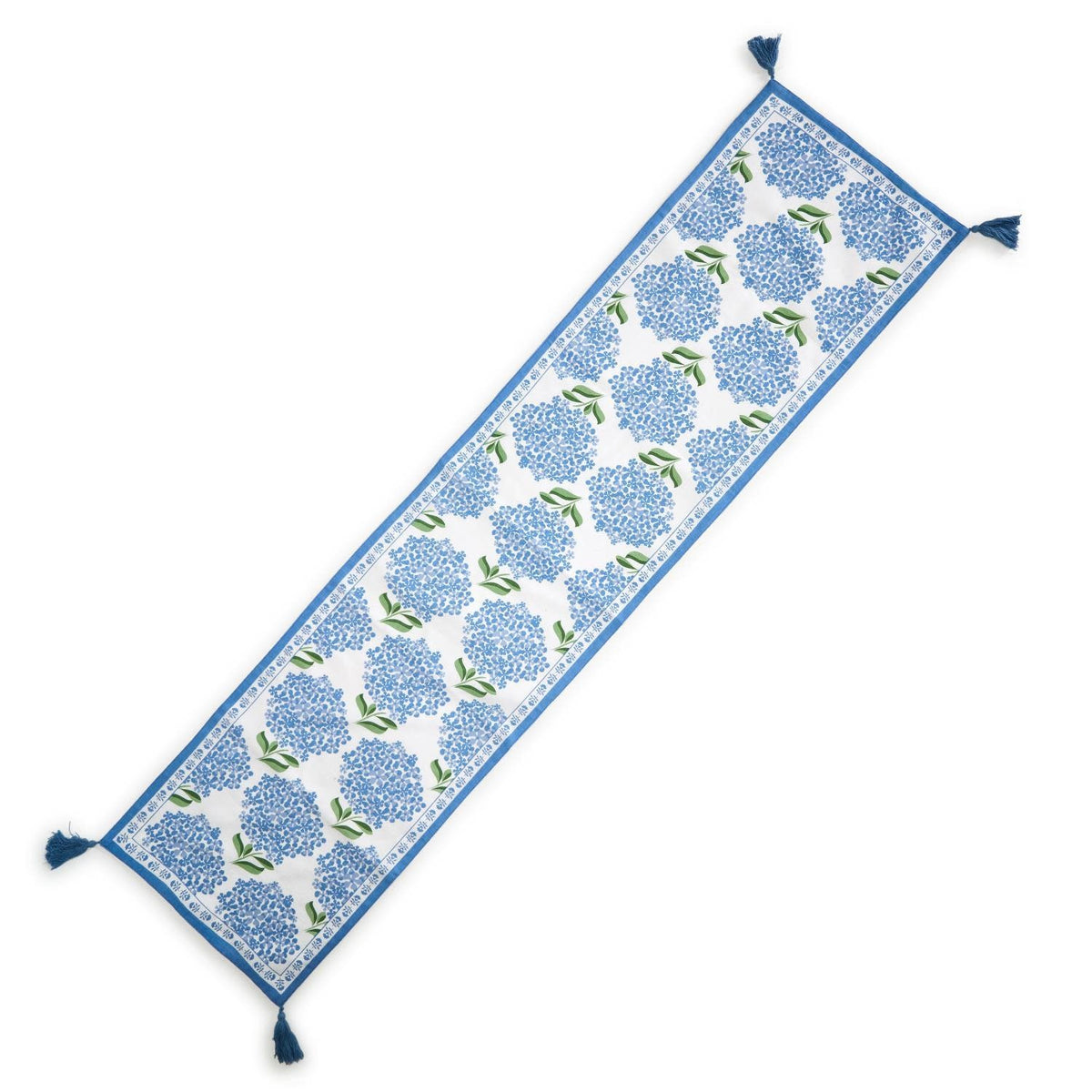 Cotton table runner with a blue hydrangea floral pattern on white background