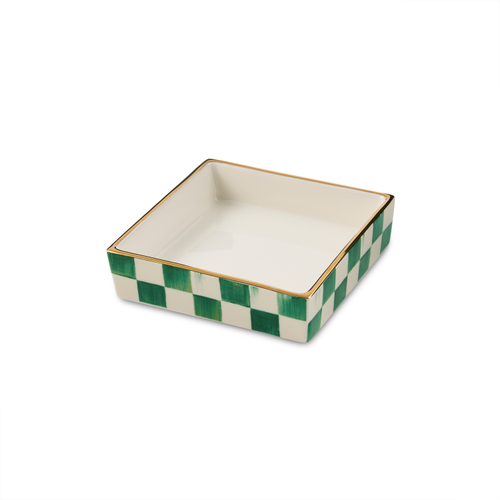 Square ceramic cocktail napkin holder with a green and white checkered pattern and gold rim.