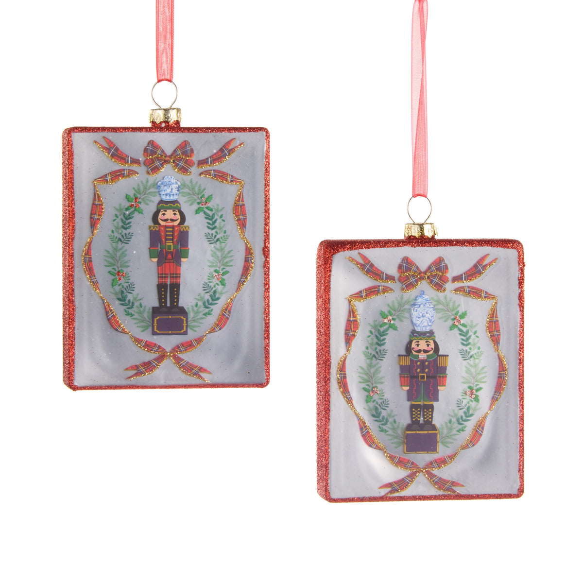 Rectangular glass nutcracker ornaments with red glitter borders and plaid ribbon details.