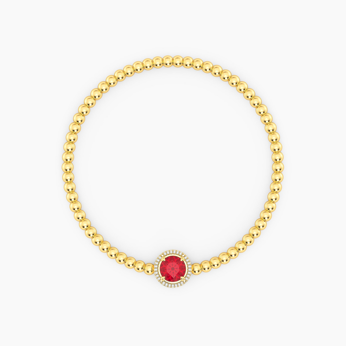 Gold beaded bracelet with a round red center gemstone and a halo of small diamonds.