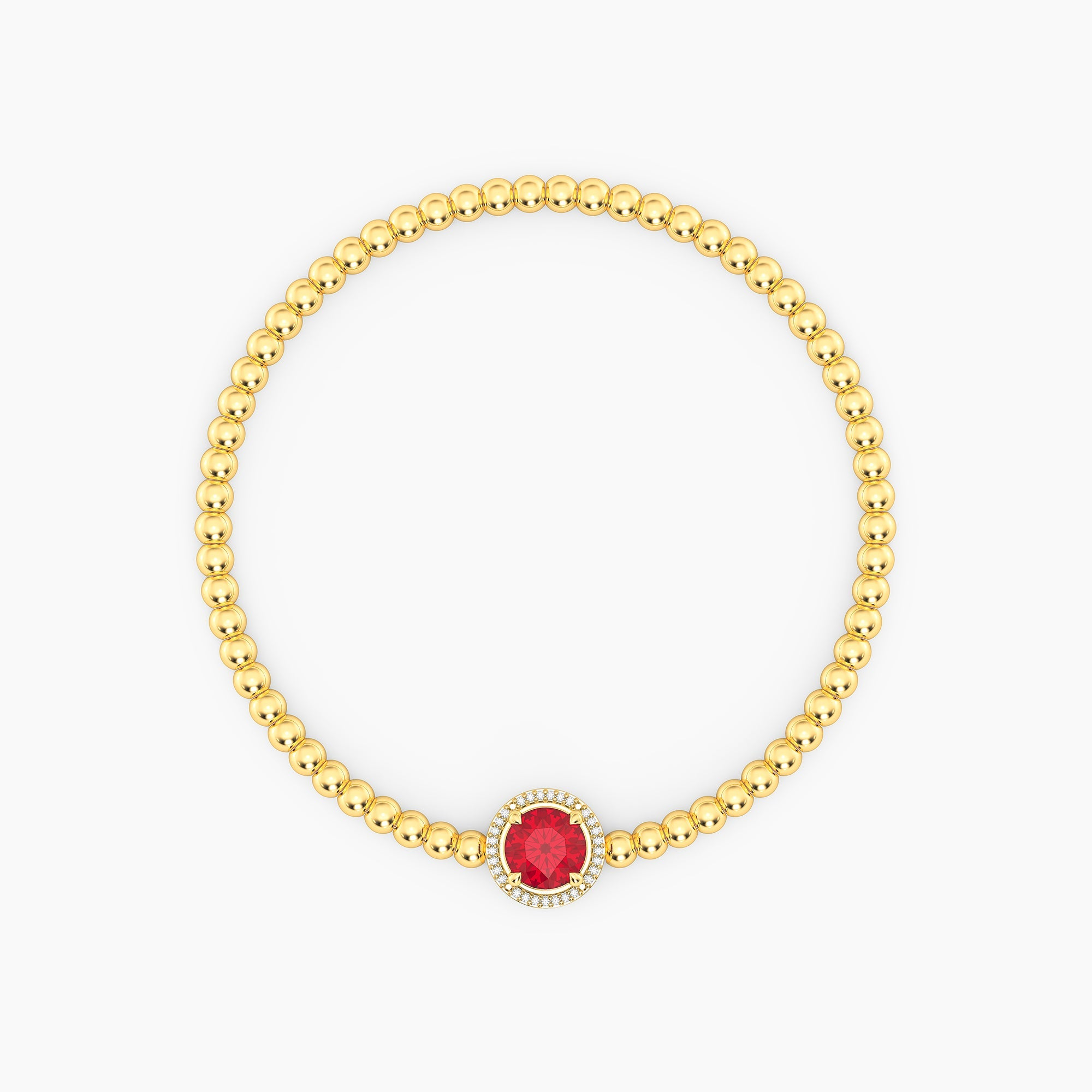 Gold beaded bracelet with a round red center gemstone and a halo of small diamonds.