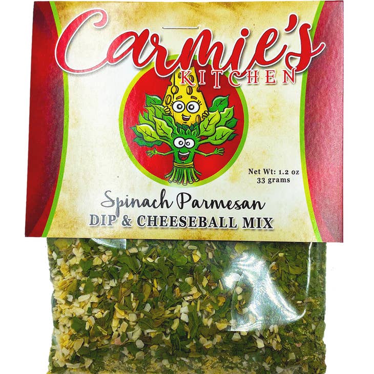 Bag of Spinach Parmesan Dip Mix with visible green spinach pieces on a white background.