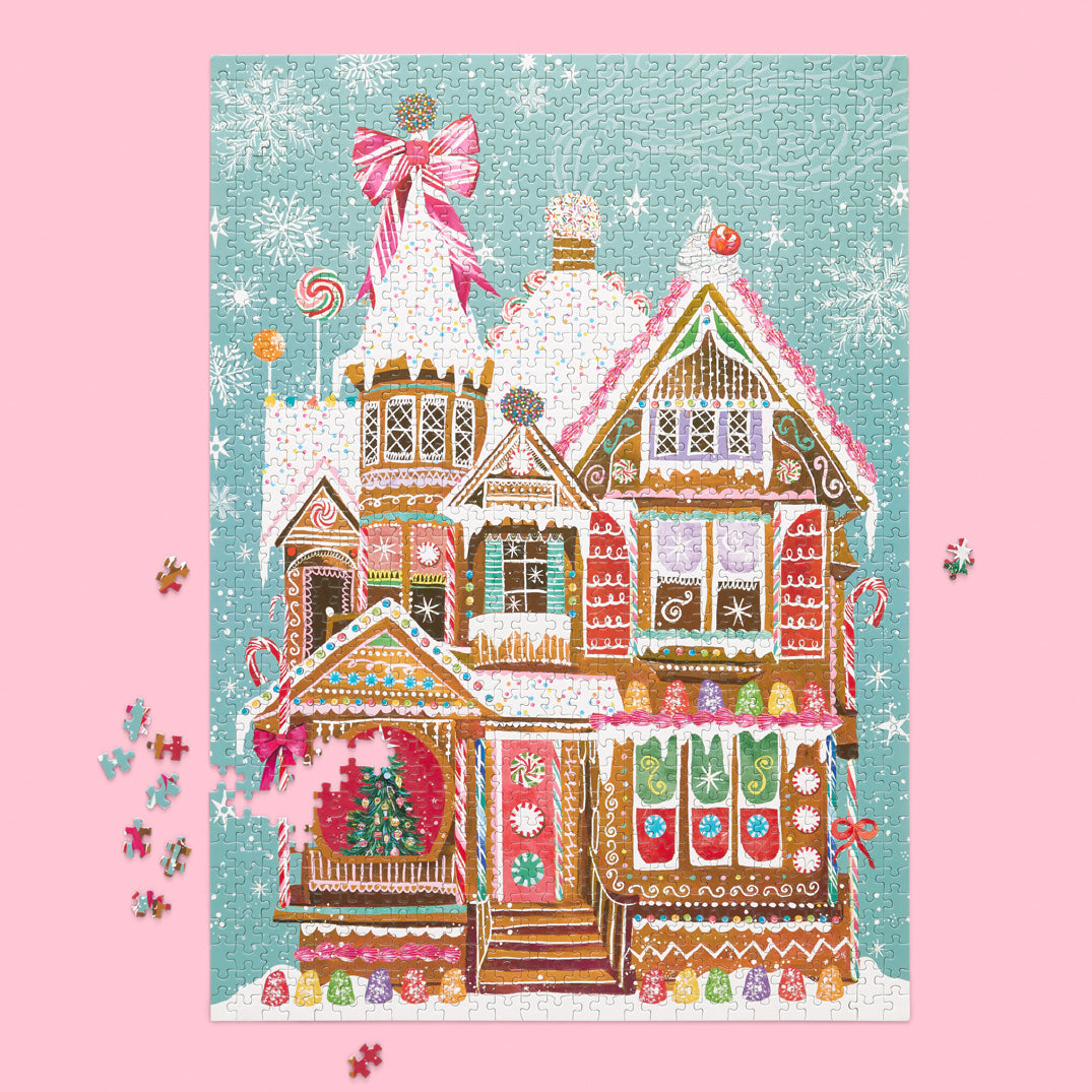 Gingerbread house puzzle box showing a festive holiday home with candy decorations.